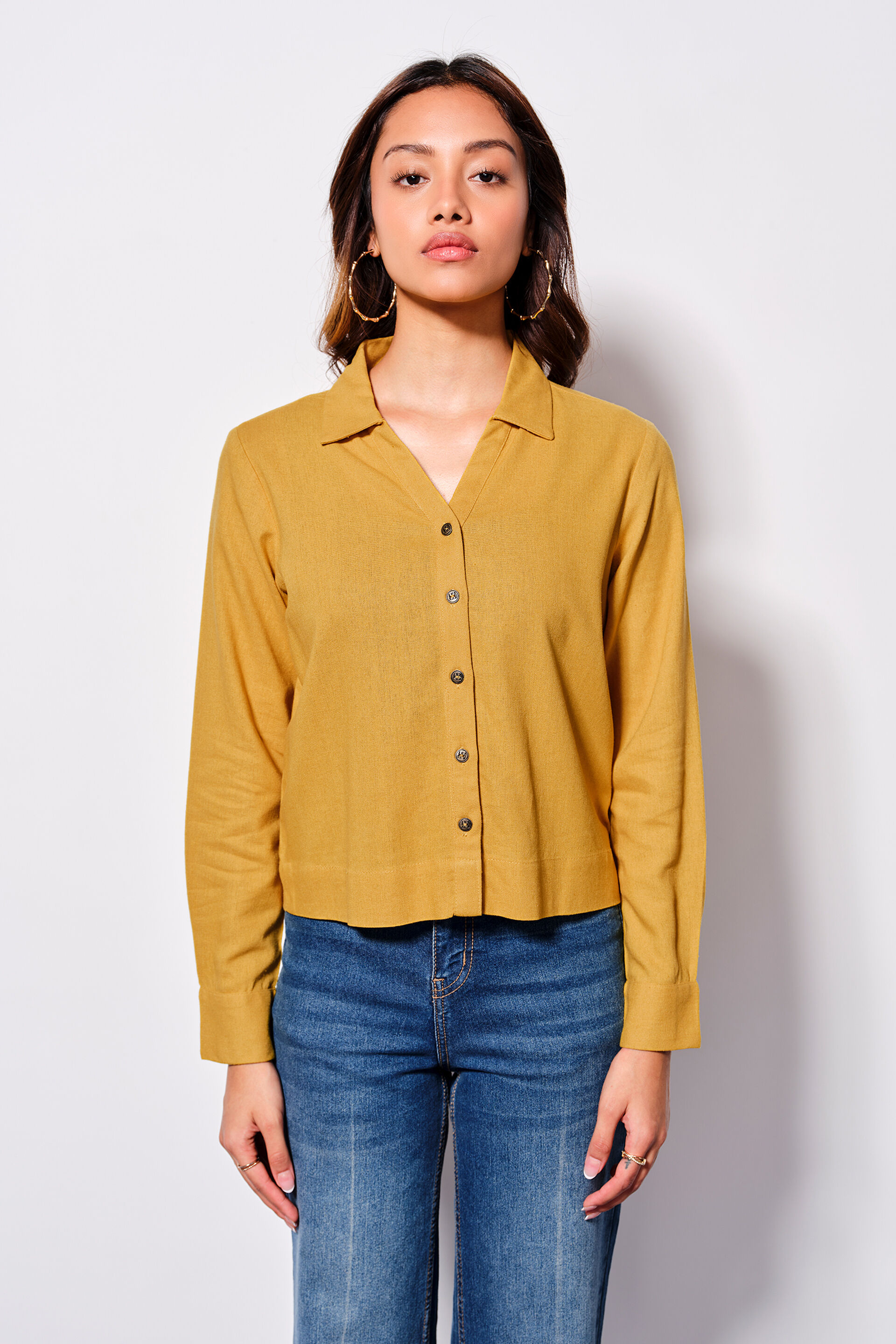 Mellow Yellow Viscose Blend Cropped Shirt, Yellow, image 3